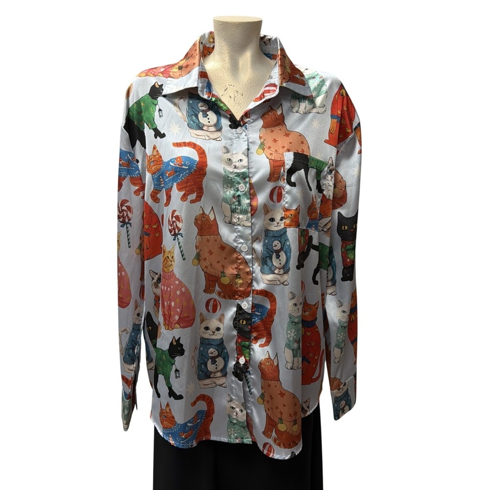 Ekouaer Women Christmas Cat Print Satin Button Down Shirt Blue Size L
